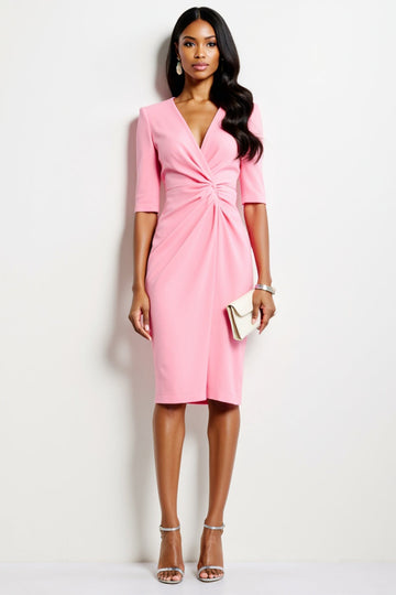Pink V-Neck Ruched Sheath Half Sleeves Midi Work Dress